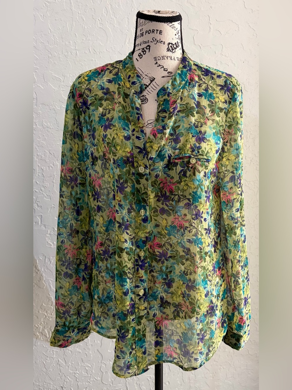 Kut from the Kloth Yellow Green Floral Button-Up Blouse